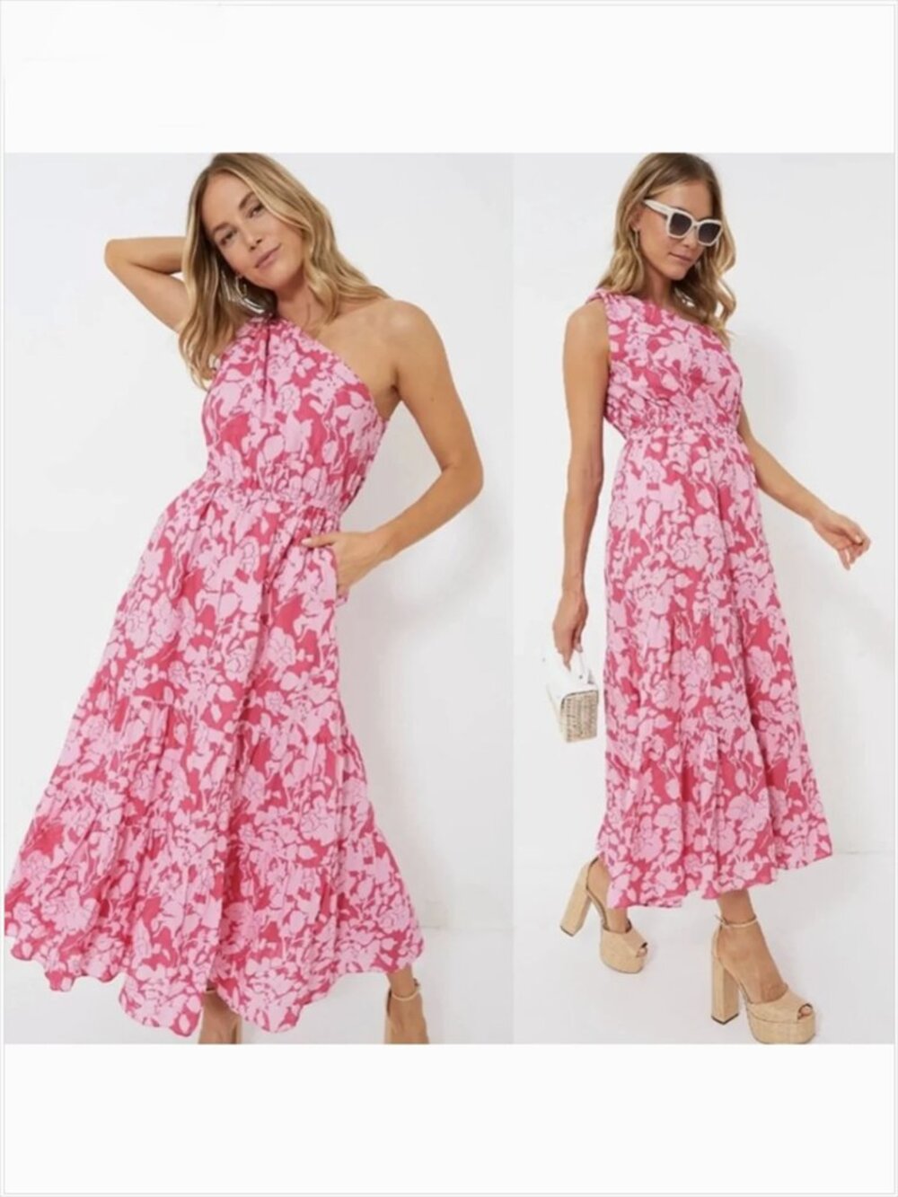 Hyacinth House One Shoulder Sybil Maxi Dress S Pink Floral Textured Tiered